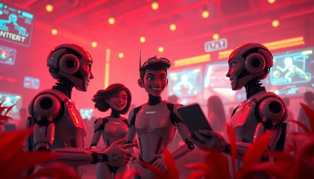 Engaging spicy AI characters in a dynamic chat interaction within a vibrant digital setting.