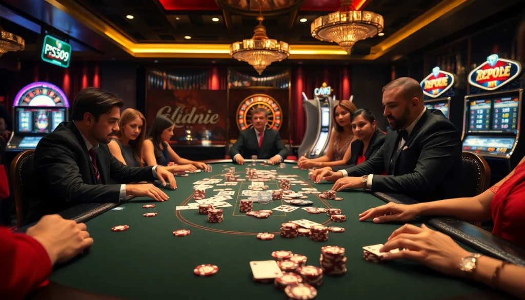 Engage with the thrilling action at the poker table showcasing link PS99 and vibrant casino atmosphere.