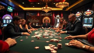 Engage with the thrilling action at the poker table showcasing link PS99 and vibrant casino atmosphere.