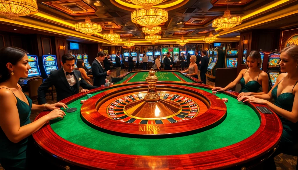 Players celebrating at ku88-themed casino roulette table with vibrant atmosphere.