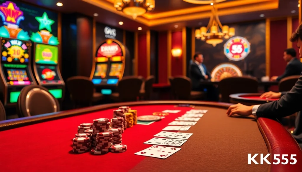 Experience the thrill of house betting with nhà cái KK55 at a luxurious casino gaming table surrounded by poker chips and cards.