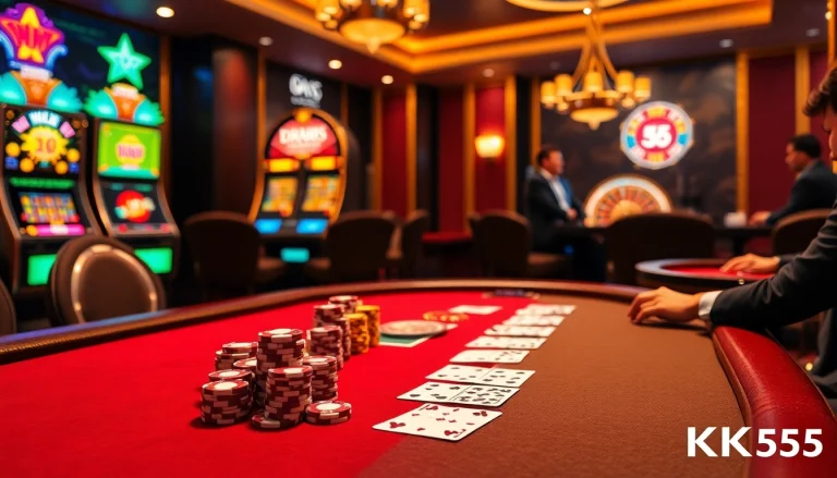 Experience the thrill of house betting with nhà cái KK55 at a luxurious casino gaming table surrounded by poker chips and cards.