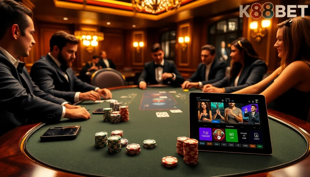 K8BET poker table scene with players engaging in a high-stakes game surrounded by vibrant chips.