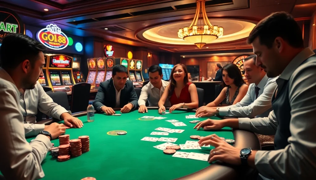 Experience the excitement of go 88 at a luxurious poker table surrounded by vibrant casino elements.