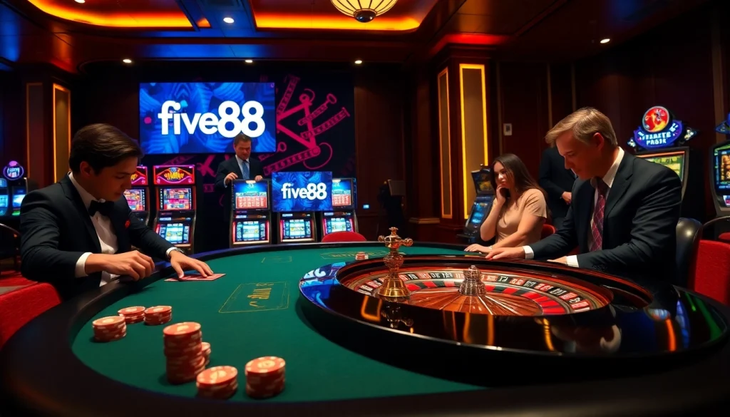 Play high-stakes poker at five88's elegant casino with vibrant lights and luxurious tables.