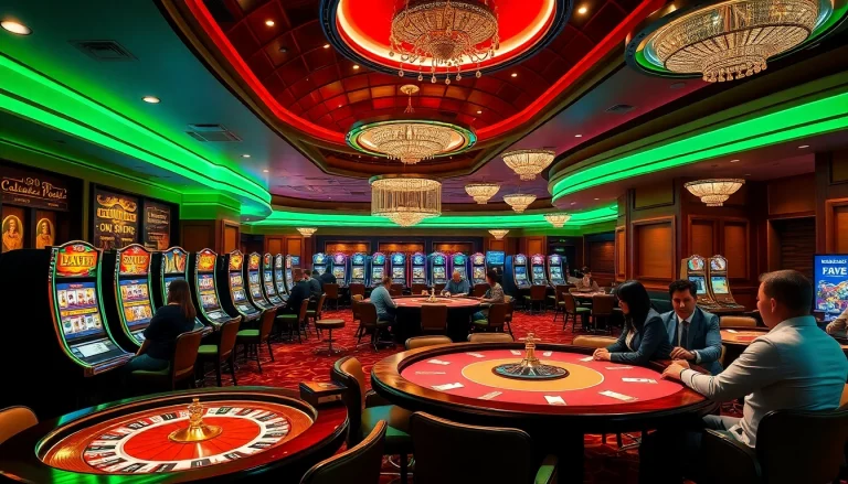 SLOTS8 gaming excitement with vibrant slot machines and elegant poker tables in a luxurious casino interior