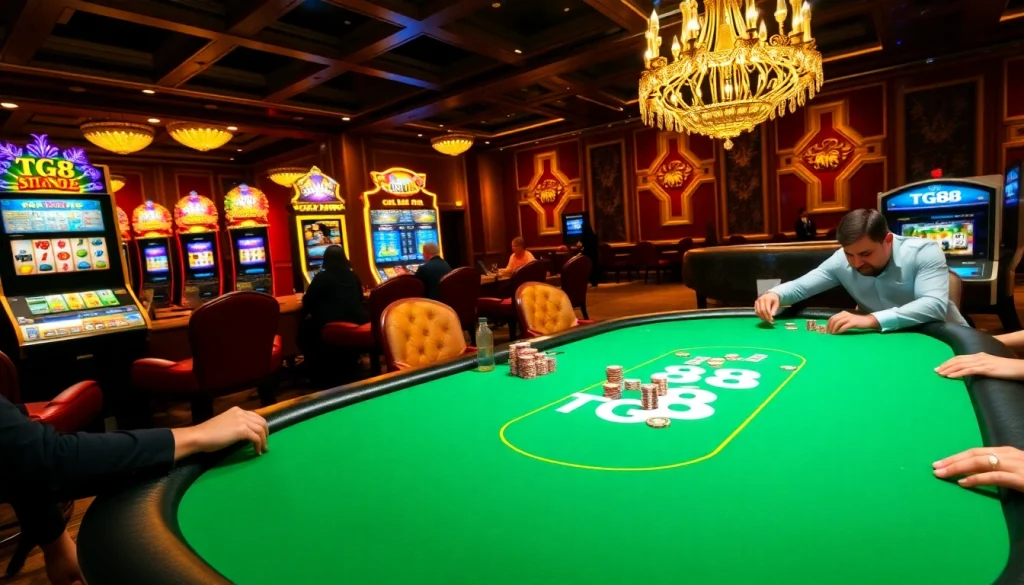 Exciting TG88 casino scene with players at a poker table adorned with colorful chips and cards.