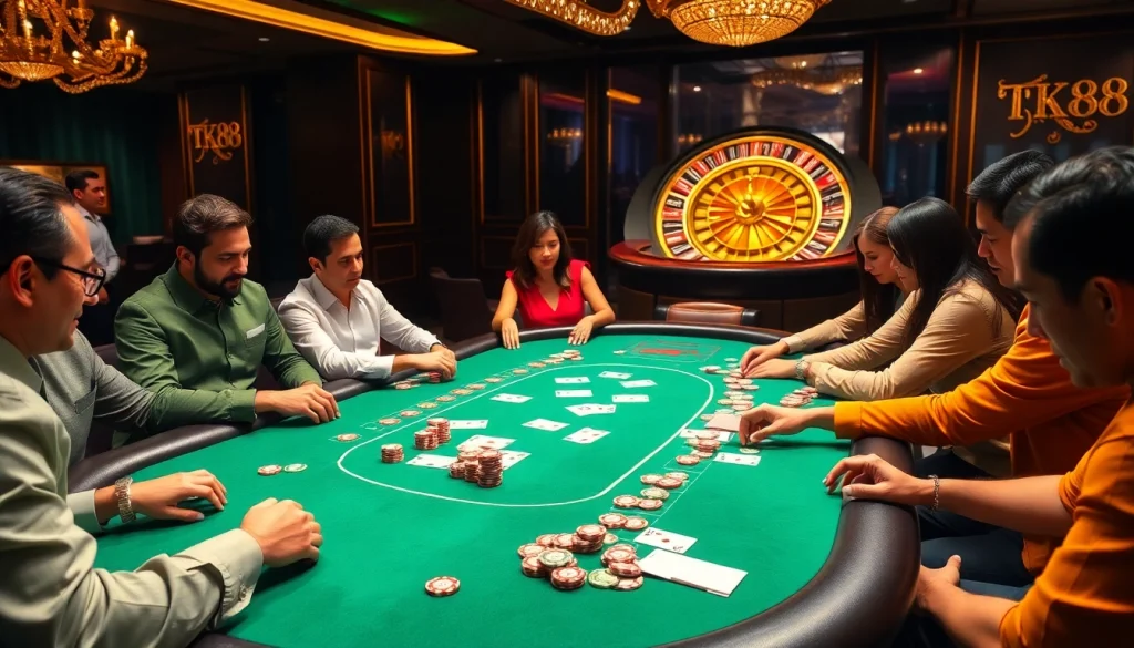 Exciting scene of poker players at a casino table featuring TK88 chips and cards being dealt.