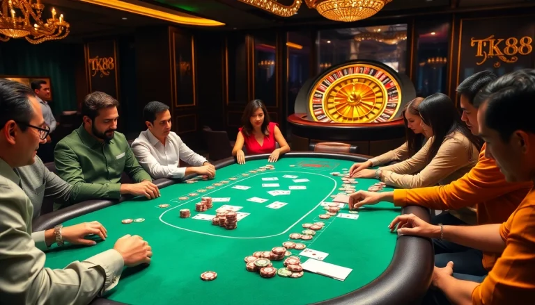 Exciting scene of poker players at a casino table featuring TK88 chips and cards being dealt.