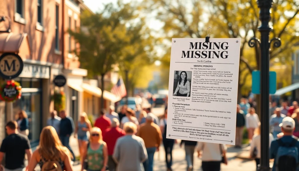 Urgent missing persons north carolina flyer displayed on a community board in a busy town.