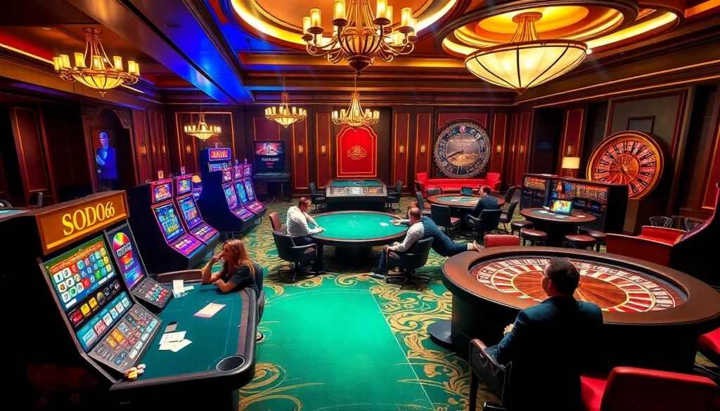 SODO66 gaming scene with poker tables, slot machines, and vibrant casino excitement.