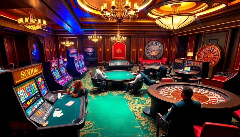 SODO66 gaming scene with poker tables, slot machines, and vibrant casino excitement.