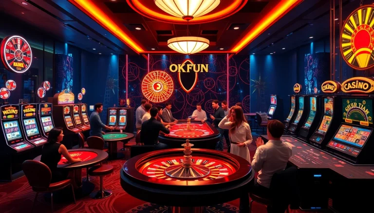 Experience excitement at OKFUN casino with vibrant slot machines and engaged players.