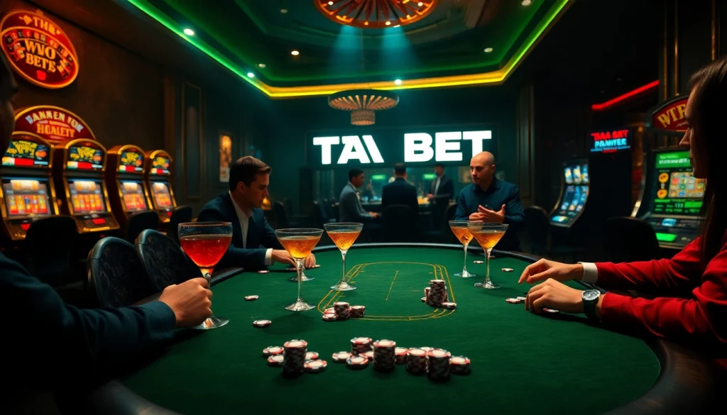 Experience the excitement of high-stakes poker at THA BET with elegant chips and cocktails in a luxurious casino setting.
