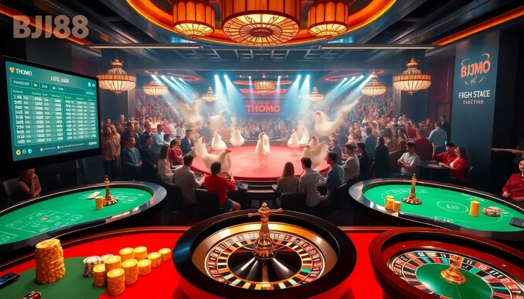 Engaging BJ88 Thomo live betting scene featuring high-stakes chicken fights and a vibrant casino atmosphere.