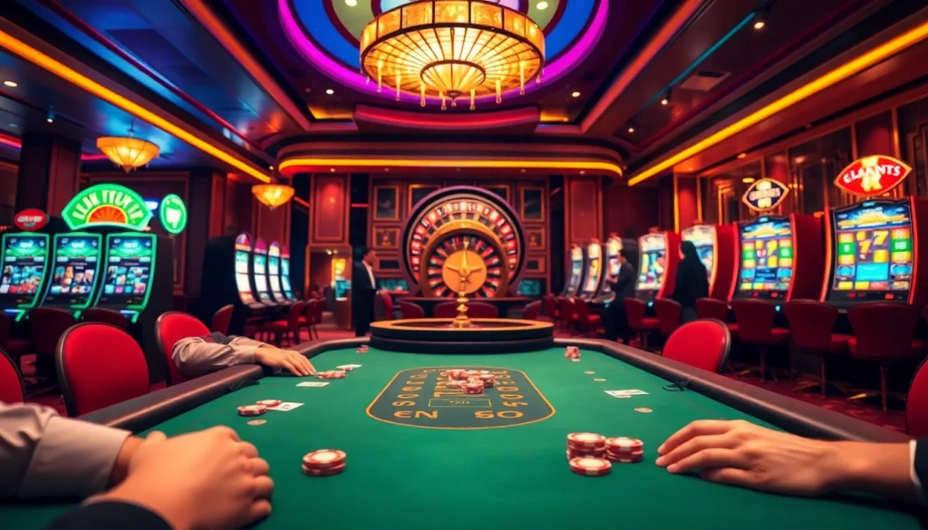 Engaged gamblers at a professional poker table in a vibrant casino environment featuring https://bags168.com/ betting elements.