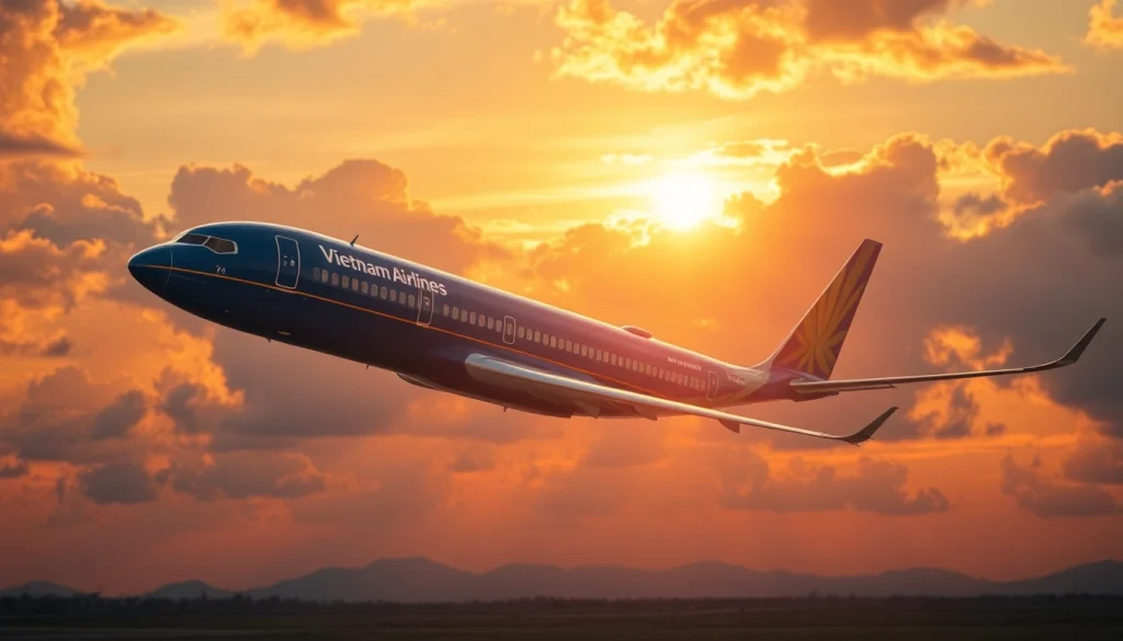 Vietnam Airlines VN168 flight soaring through a vibrant sunset sky.
