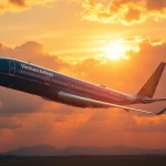 Vietnam Airlines VN168 flight soaring through a vibrant sunset sky.