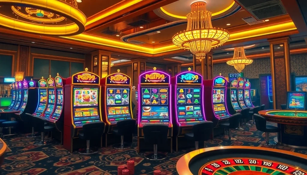 Engaging casino scene showcasing PG99 nổ hũ slot machines amid vibrant gambling elements.