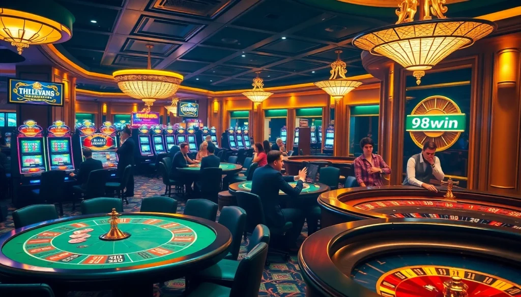 Action-packed gambling scene with 98win branding, highlighting table games and slot machines.