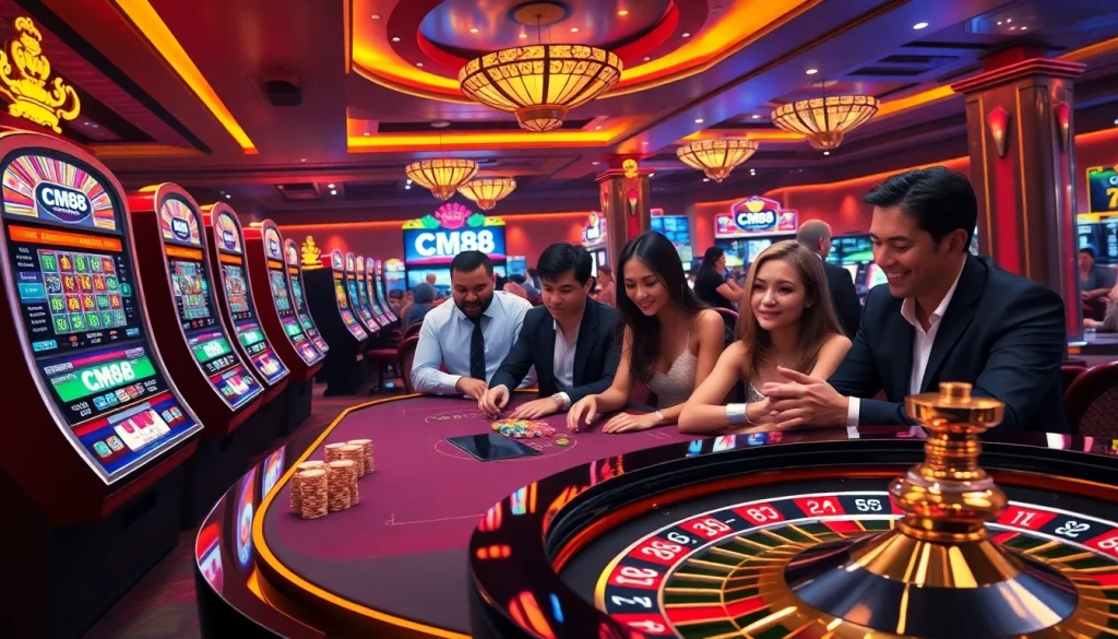 Experience the excitement of CM88 as players engage in thrilling casino games surrounded by vibrant slot machines.