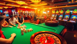 Exciting gambling scene featuring poker, roulette, and slot machines at 789win casino.