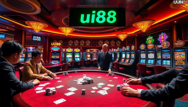 Experience the thrill of uu88 with a luxurious poker table, vibrant roulette wheel, and dazzling casino lights.