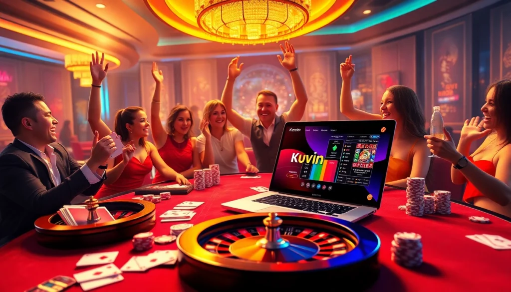 Kuwin online casino scene with vibrant gaming table and players celebrating wins