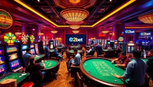 Exciting gaming action at trang chủ e2bet with poker tables and vibrant slot machines.