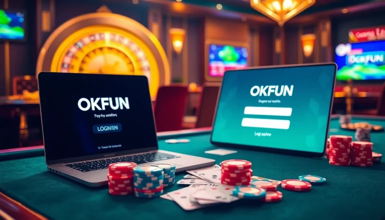 Engaging online gambling scene illustrating the đăng nhập okfun process with casino elements.