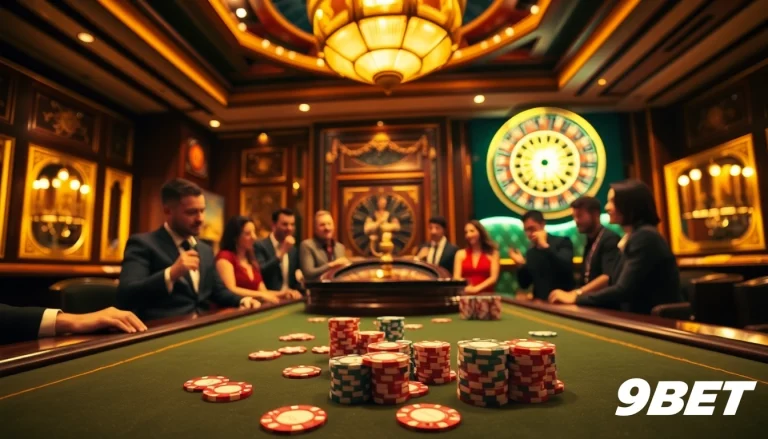 Players engaging in a thrilling game at 9BET casino's luxurious poker table.