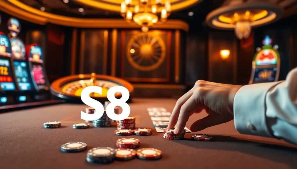 High-stakes poker at S8 casino with elegant players and vibrant atmosphere.