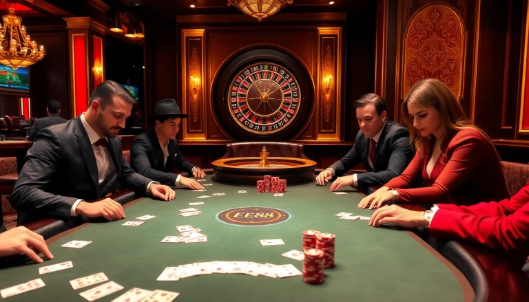 Players enjoying EE88 poker excitement at a luxurious casino table.