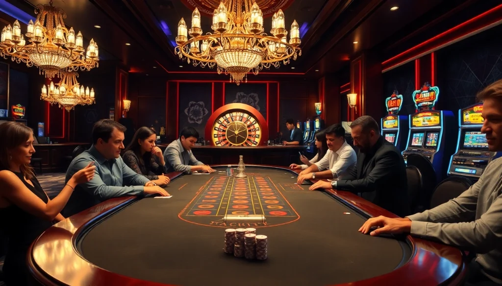 Experience the excitement at the casino for tha bet with players focused on the blackjack table.