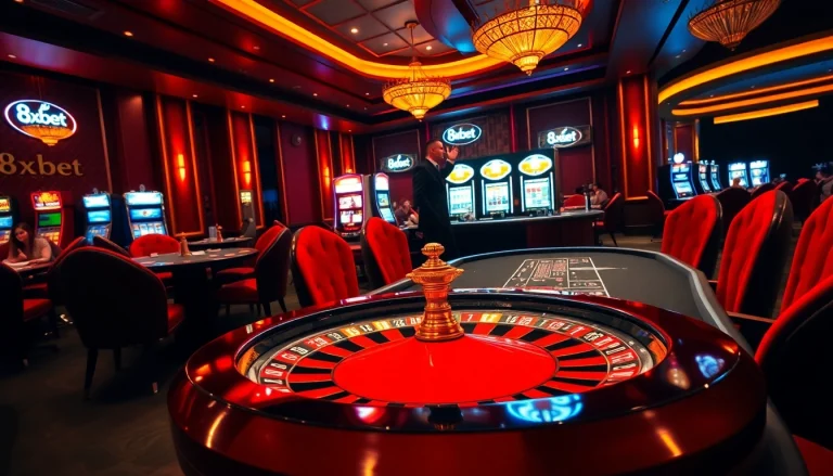Experience thrilling gameplay at 8xbet with a vibrant casino atmosphere filled with roulette wheels and poker tables.