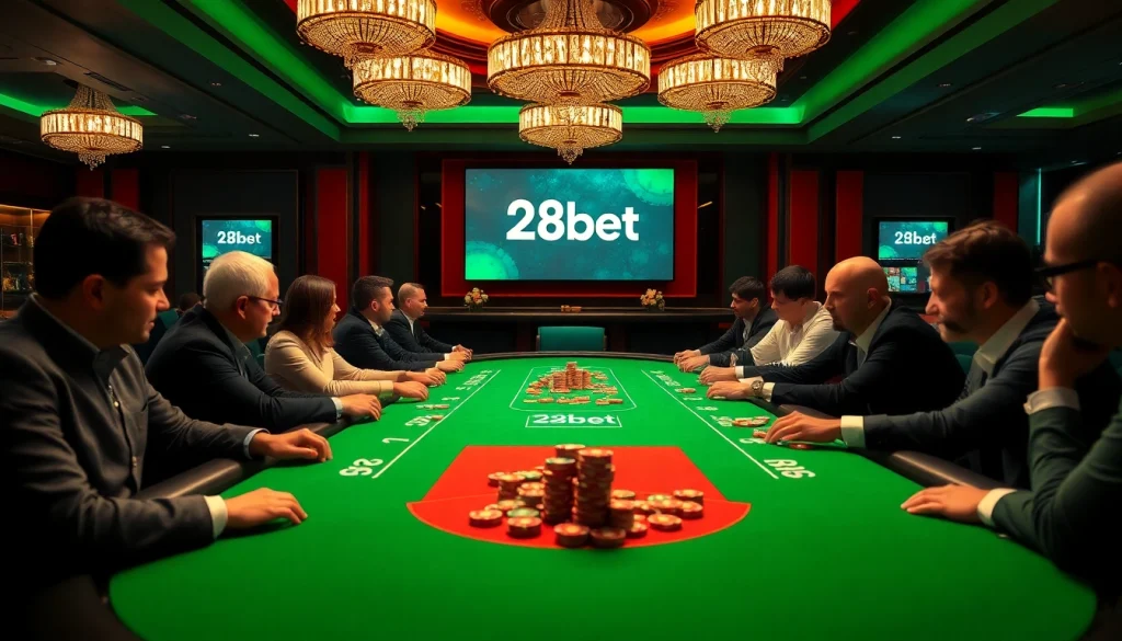Engaged players enjoy a thrilling poker game at 28bet, showcasing excitement and strategy in a luxurious casino setting.