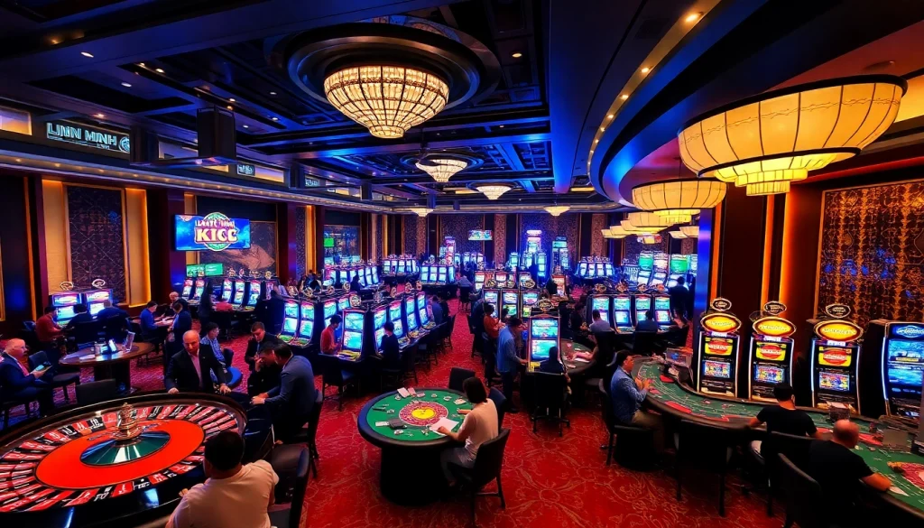 Engaging players enjoying the vibrant atmosphere of LIÊN MINH KJC casino gaming floor.