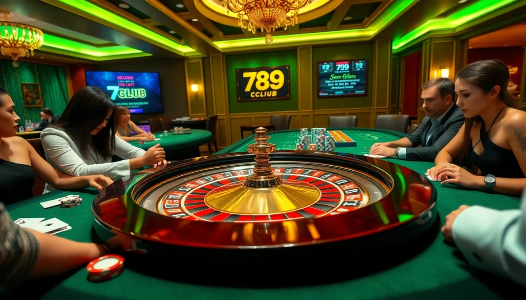 Engaged players enjoying a luxurious gaming experience at 789club casino, featuring roulette and poker tables.