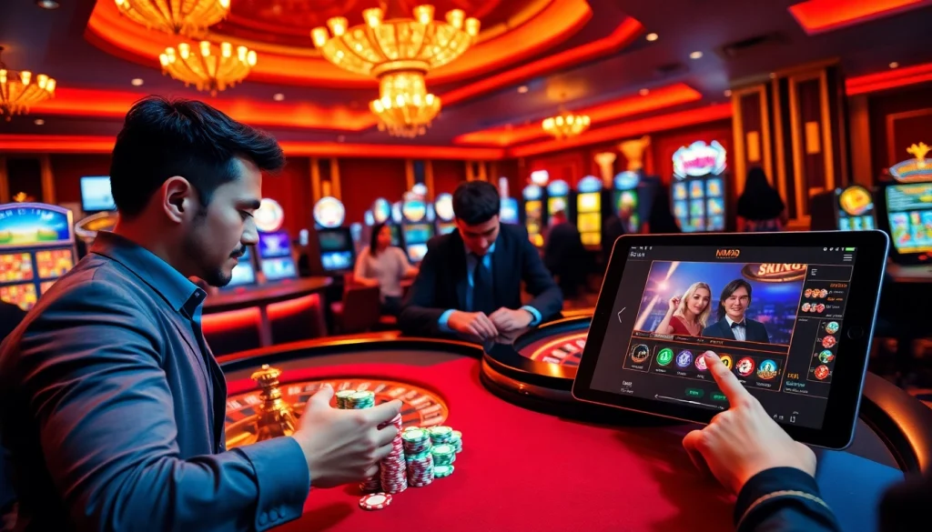 MM99 players enjoying a high-stakes poker game in a luxurious casino atmosphere.