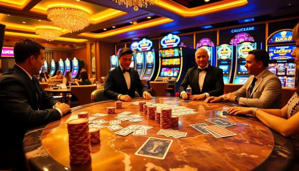 Play exciting games at LUCK8’s vibrant casino with high-stakes poker chips and illuminated slot machines.