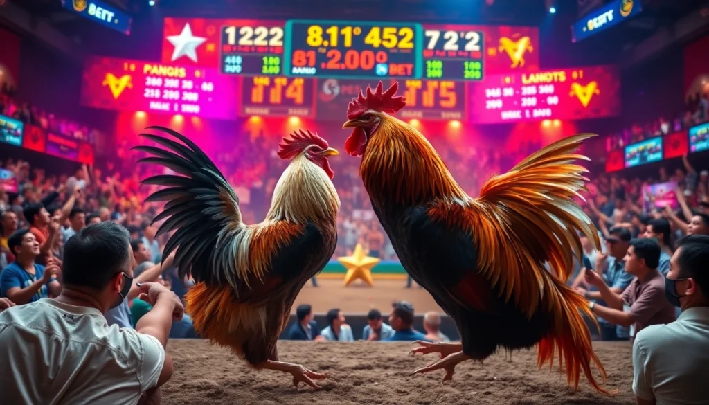 Experience đá gà trực tiếp with a vibrant live cockfighting scene, showcasing thrilling bets and intense spectators.