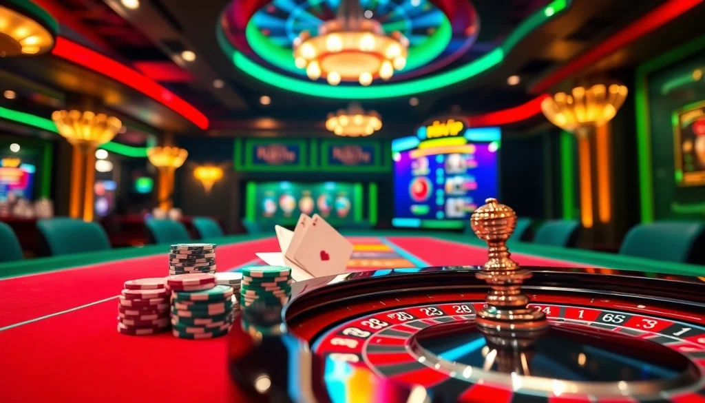 Experience the excitement of rikvip with vibrant casino elements including poker chips and roulette wheels.