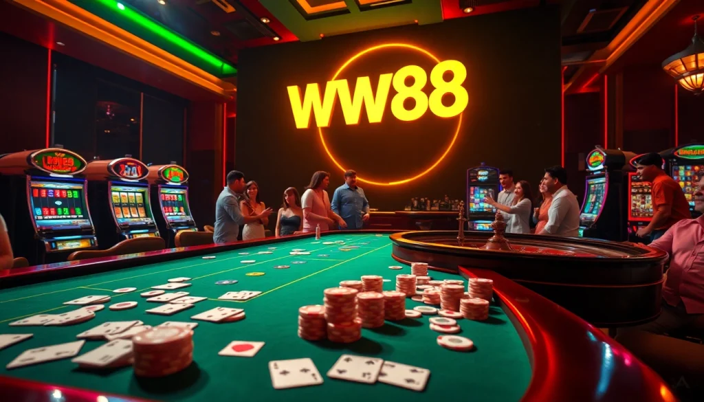 WW88 casino scene showcasing a lively gambling table with cards, chips, and a roulette wheel.
