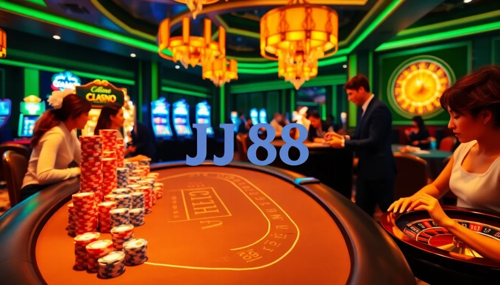 Players enjoying a lively BJ88 blackjack game surrounded by colorful slot machines.
