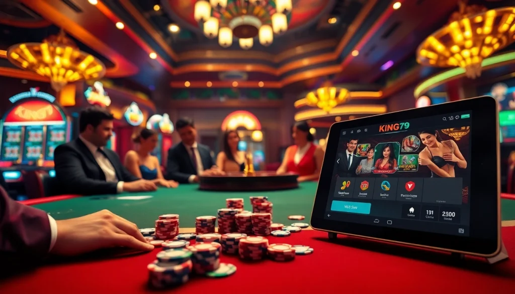 Experience the excitement of King79 with professional gamblers at a luxurious casino table.