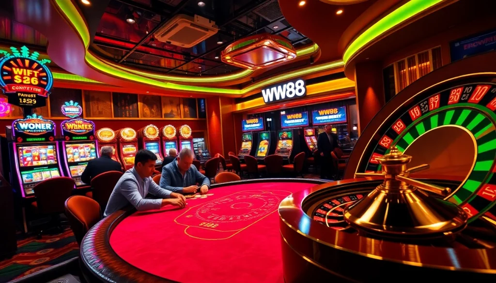 Engaged players at a WW88 casino table, experiencing thrilling poker action amid luxury.