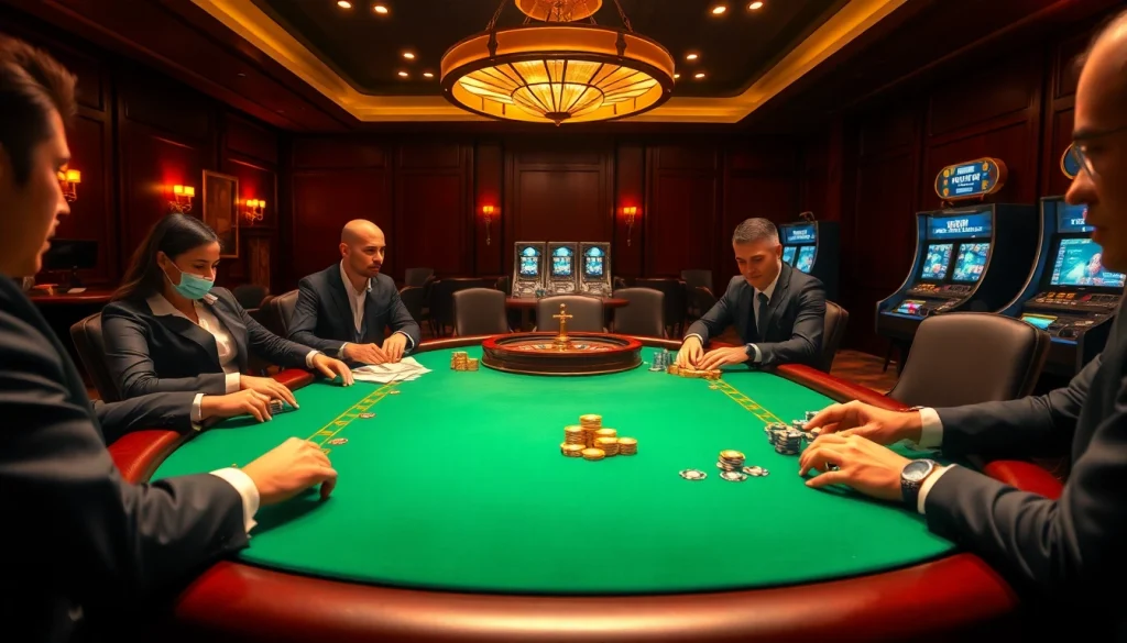 Experience an intense poker game at 98win casino with elegant players and luxurious casino ambiance.