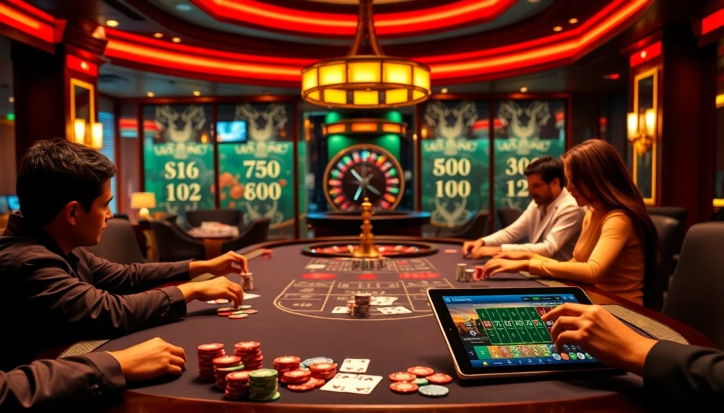 Players betting at a sunwin casino table, showcasing vibrant poker chips and a roulette wheel.