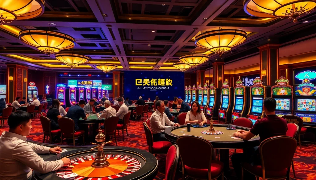 Experience the excitement of 包网 with engaging casino scenes showcasing high-stake games and vibrant slot machines.