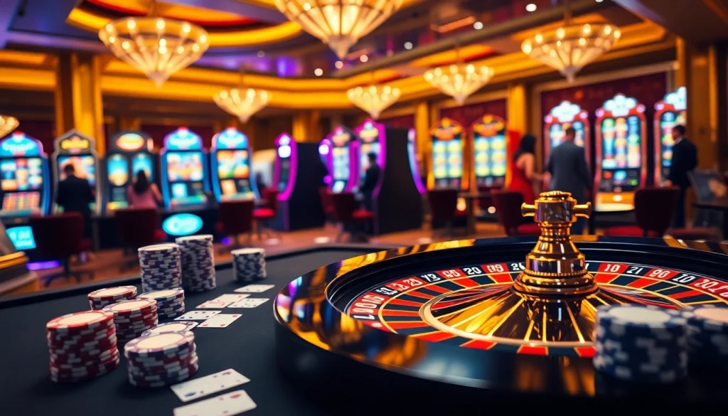 Luckywin casino scene featuring vibrant roulette, chips, and engaged players.